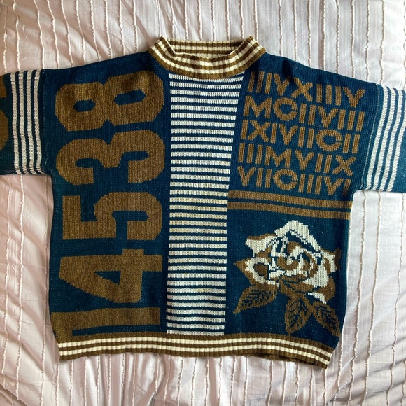 Forelli Sweaters - Colorful vintage Forelli sweater with Roman numerals. Flower print and stripes.